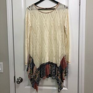 Oddy Open Knit Long Sleeve Tunic Top S Asymmetrical Patchwork Handkerchief Hem